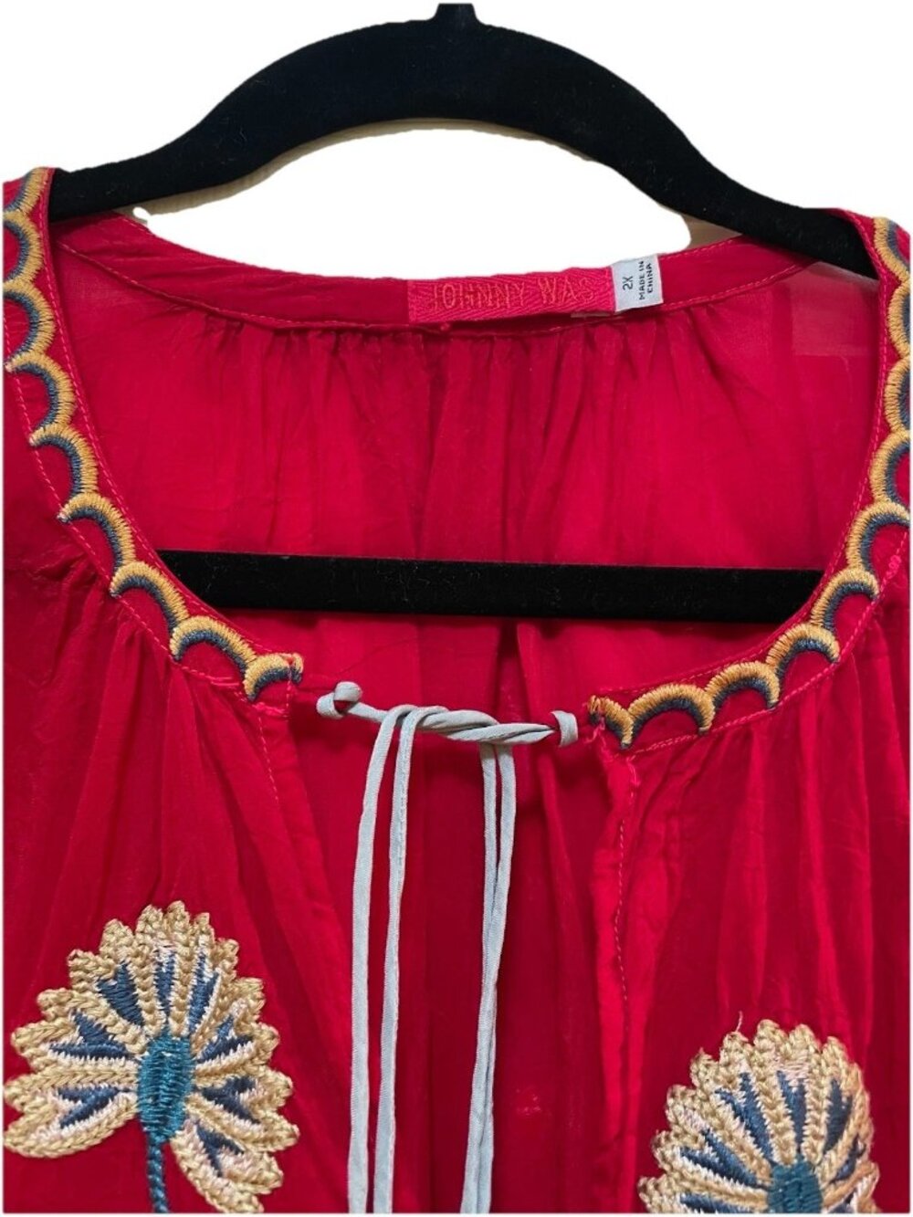 JOHNNY WAS Red "Mayson" Floral Embroidered  3/4 Length Sleeves Tunic Shirt Sz 2X - Picture 6 of 15